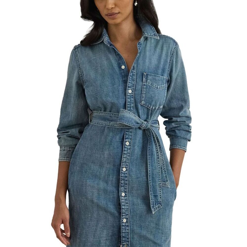 Lauren Ralph Lauren Womens Belted Denim Shirtdress Large Odwin Wash - NWT - Picture 4 of 5